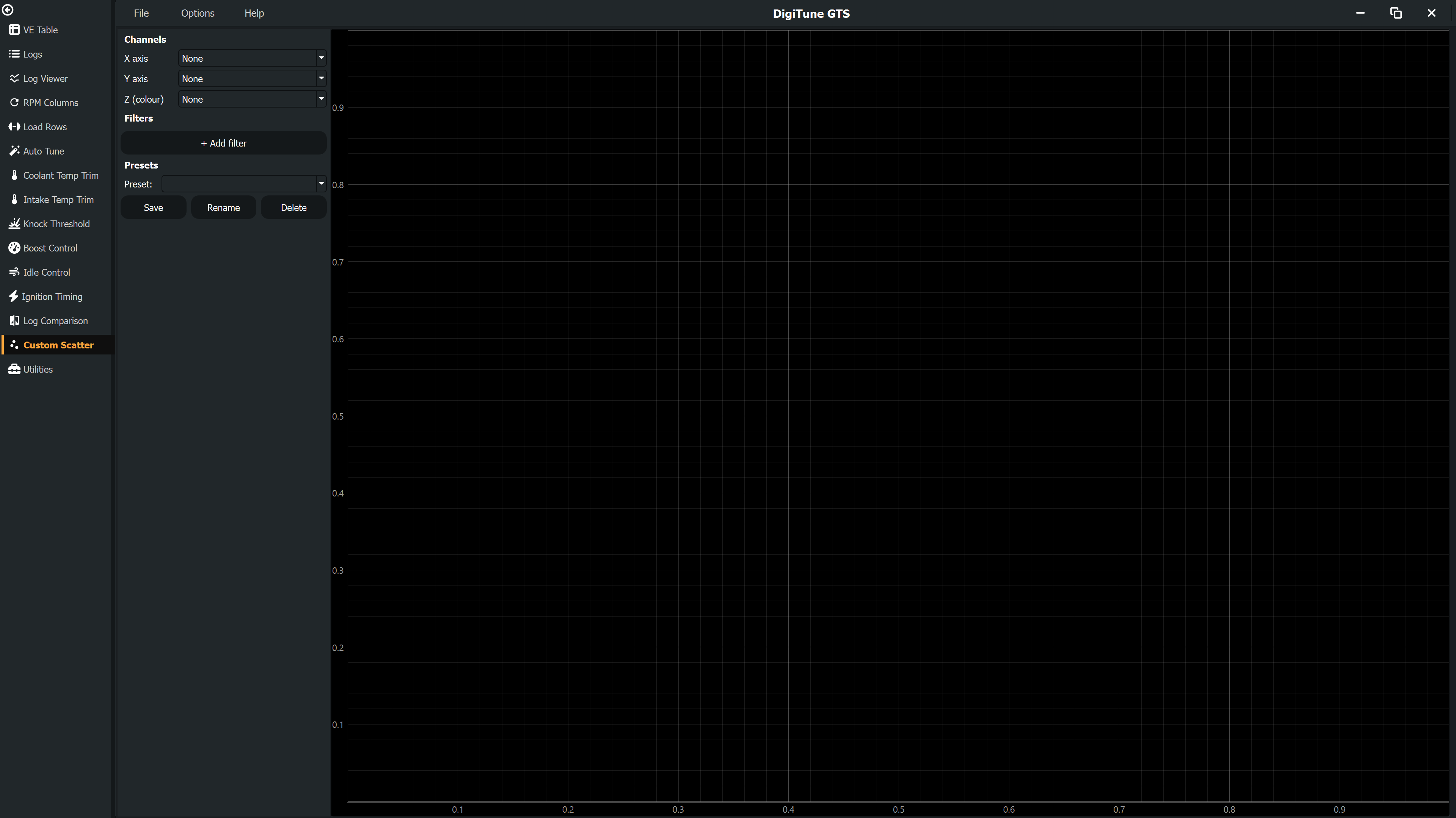 Custom Scatter page showing the channel pickers, filter list, preset controls, and empty plot area